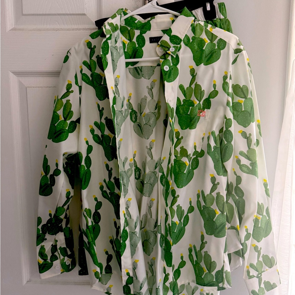 Katie Kime Vibrant Green Cactus Print Casual Shirt & Skirt
